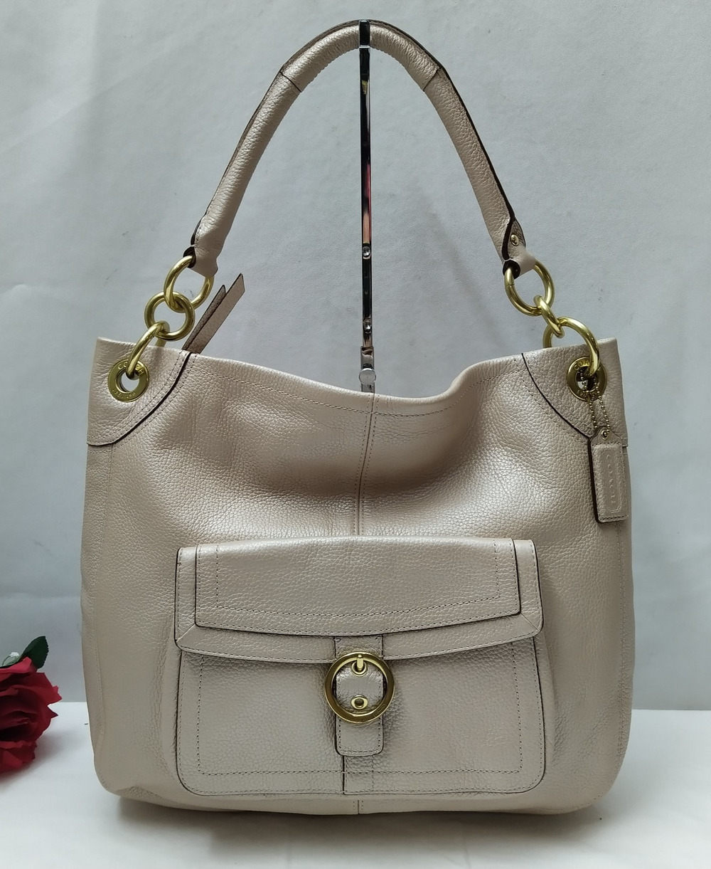 Coach Beige Pebbled Leather Buckle Front Pocket Zipper Closure Shoulder Bag